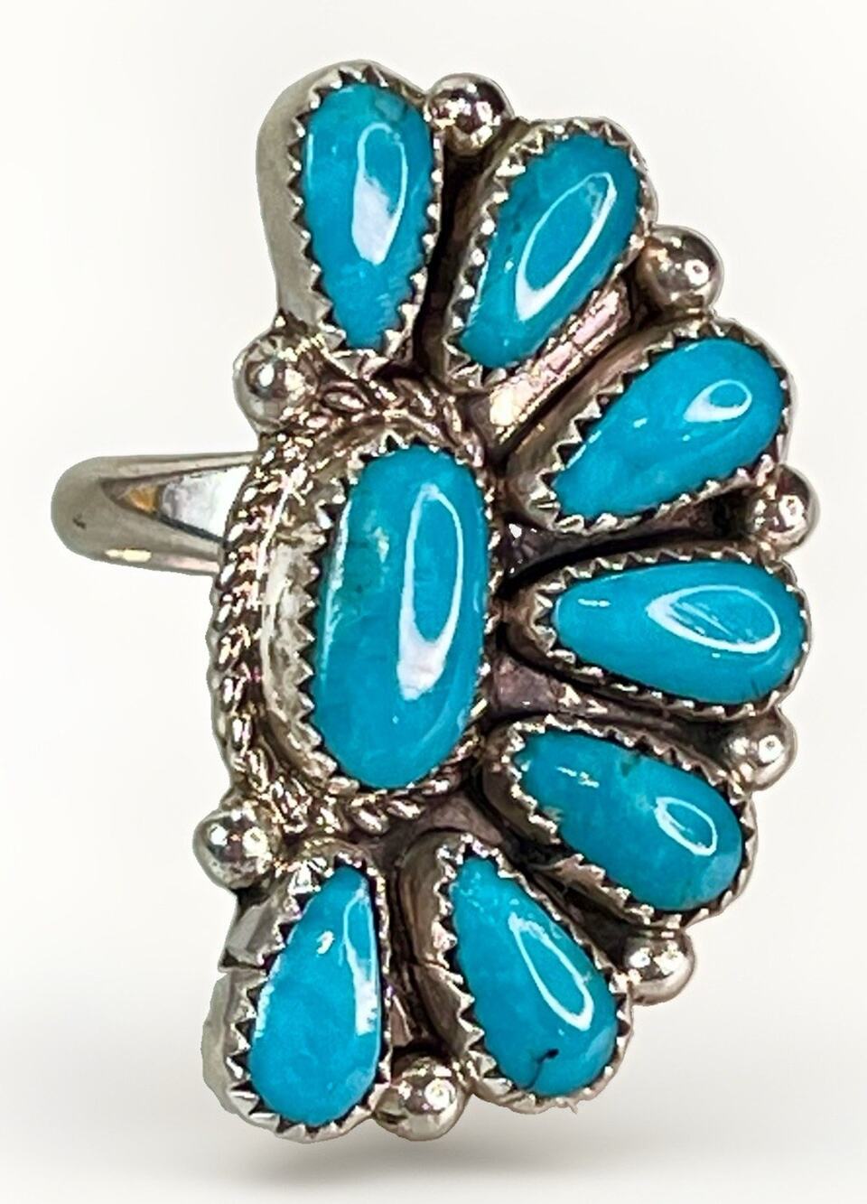 Native Zuni Kingman Turquoise Sterling Silver Cluster Adj Ring Signed AJW